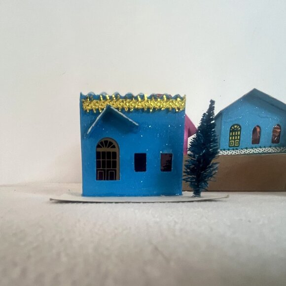 Vintage Putz Houses, Glittery Cardboard Christmas Decorations, Set Of 4,  Bottle - Picture 6 of 9